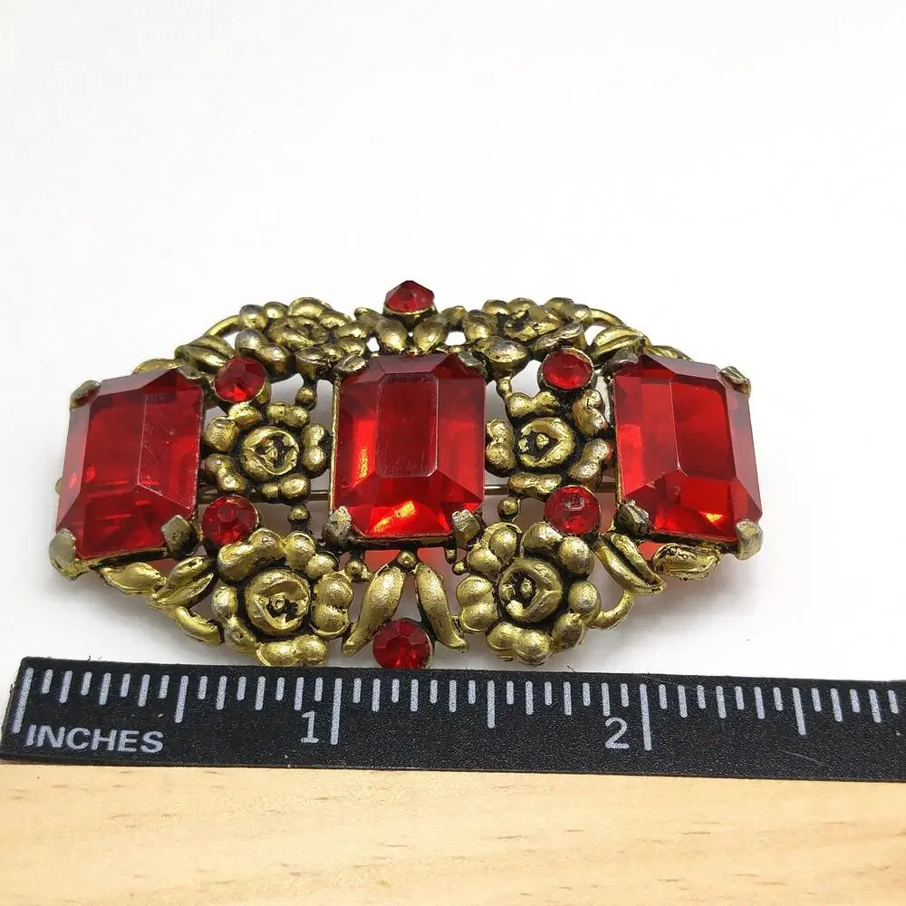 Art Nouveau Red Glass Floral Brooch, Three Red Emerald Cut Stones, 1930s Vintage